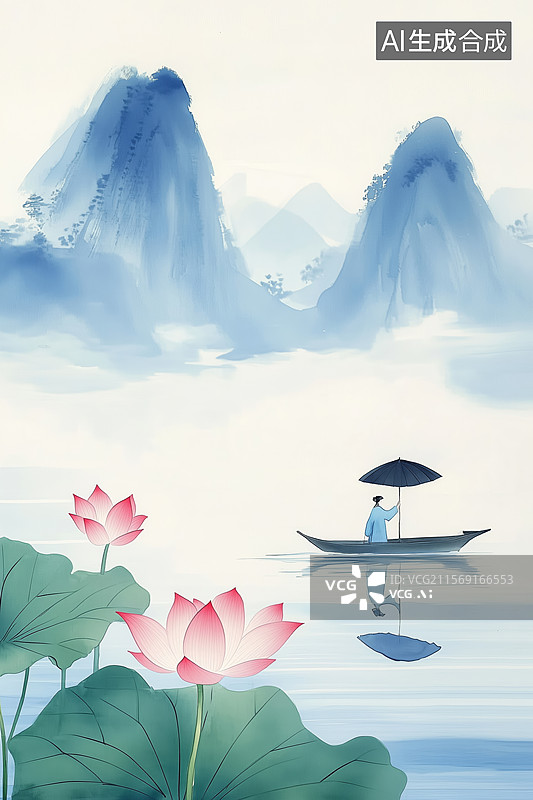【AI数字艺术】莲韵山水间的宁静致远图片素材