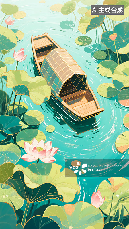 【AI数字艺术】夏天荷塘渔船国风插画图片素材