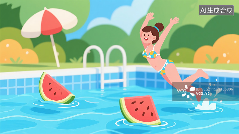 【AI数字艺术】立夏夏日泳池女孩比基尼遮阳伞西瓜漂浮跳水瞬间图片素材