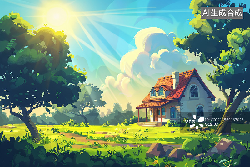 【AI数字艺术】秋日黄昏小屋温馨庭院图片素材
