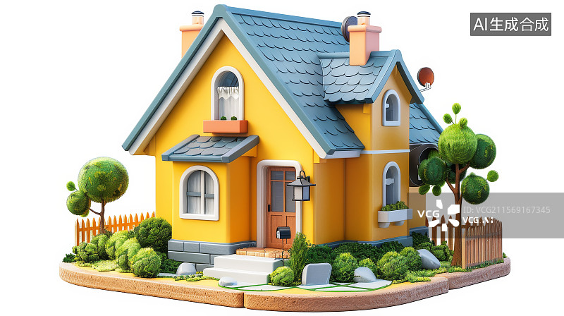 【AI数字艺术】卡通风格小房子与树模型图片素材