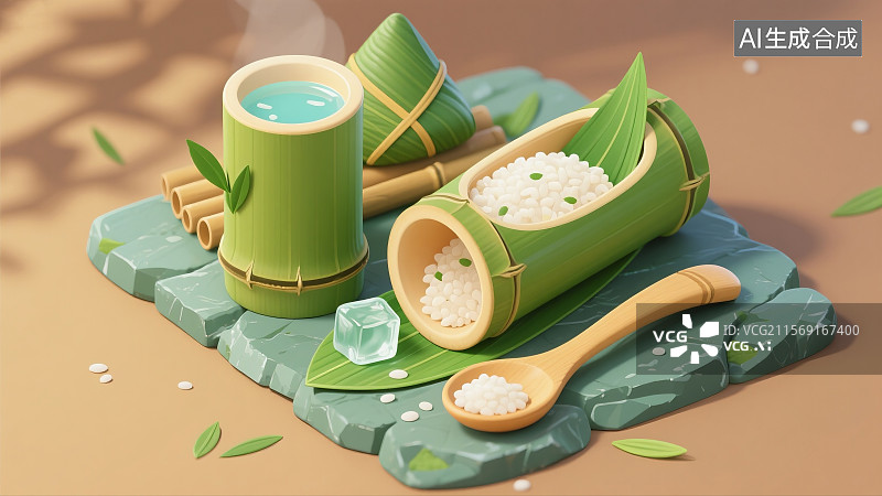 【AI数字艺术】竹器清凉：竹筒饭，冰镇米酒，粽叶香，竹勺，青石板图片素材