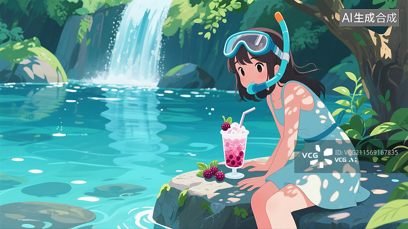 【AI数字艺术】瀑布水潭，少女戴潜水镜，石上放野莓冰饮，阳光斑驳树影图片素材