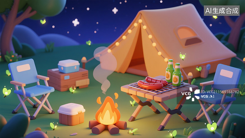 【AI数字艺术】露营烧烤：篝火烤肠，星空帐篷，冰镇啤酒，折叠桌椅，萤火虫图片素材