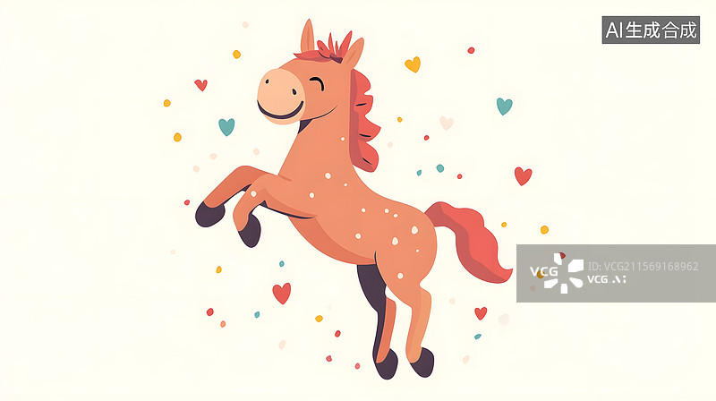 【AI数字艺术】开心跳跃的马扁平插画 白色背景爱心圆点装饰​图片素材