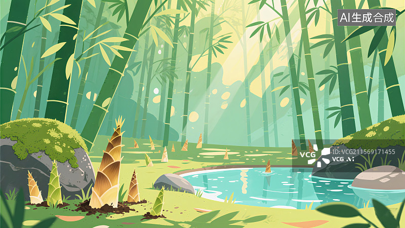 【AI数字艺术】阳光透过竹林洒在宁静的池塘上，周围绿意盎然，生机勃勃图片素材