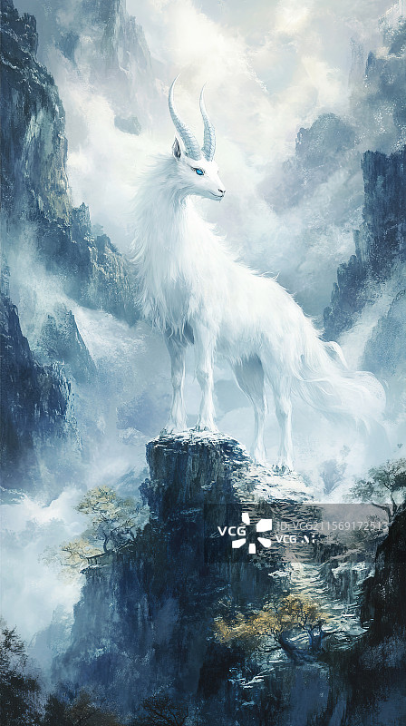 【AI数字艺术】山海经神兽插画昆仑之巅浑身雪白的白泽图片素材