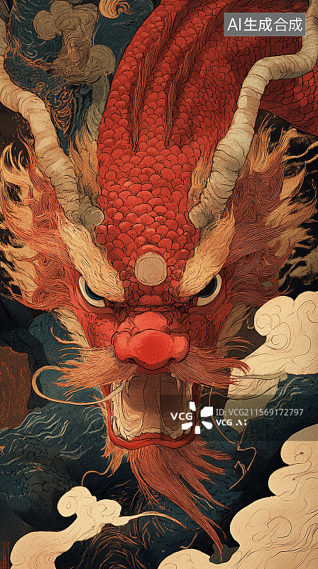 【AI数字艺术】山海经神兽插画周身赤红的烛龙图片素材
