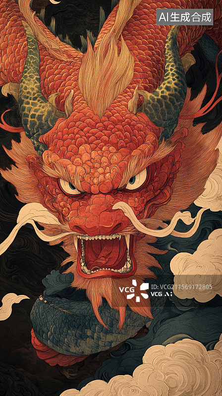 【AI数字艺术】山海经神兽插画周身赤红的烛龙图片素材
