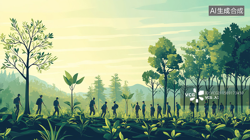 【AI数字艺术】植树节春回大地人们手持铁锹在户外植树浇水插画图片素材