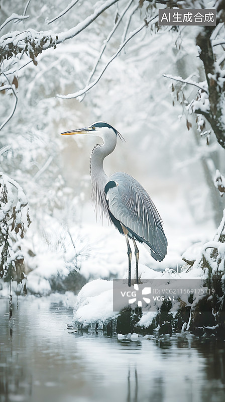 【AI数字艺术】AIGC：中国风冬天河岸边上的 白鹭，小寒节气 背景图片素材