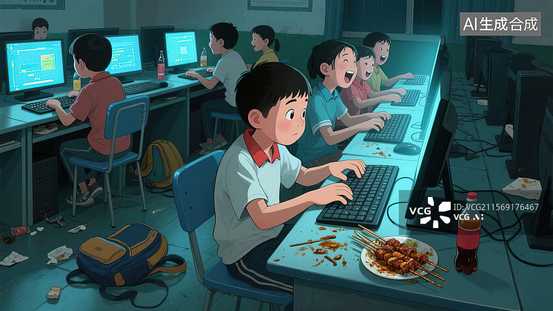 【AI数字艺术】网吧里的哥们中小学生青少年身心健康社会热点问题桌子上零食垃圾同学朋友在网吧打游戏不良学习健康生活概念图片素材