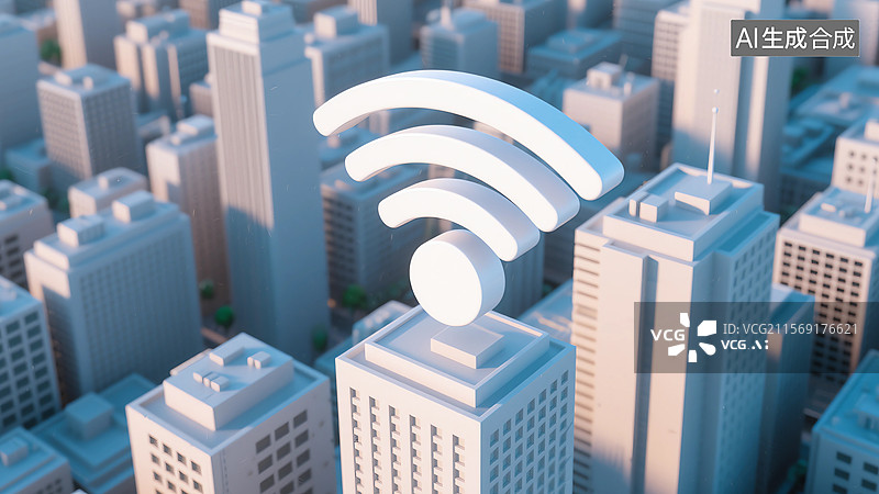 【AI数字艺术】城市建筑模型和无线网络连接图片素材