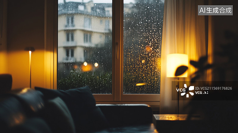 【AI数字艺术】雨天打湿的窗户和温馨的室内房间图片素材