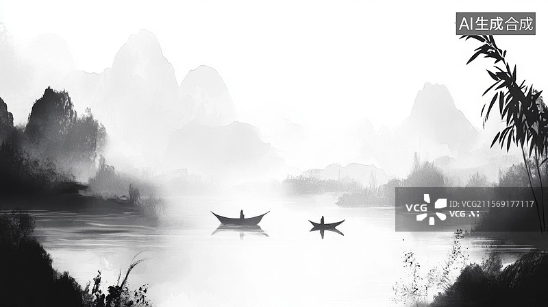 【AI数字艺术】中国风古建筑河流水墨山水画图片素材