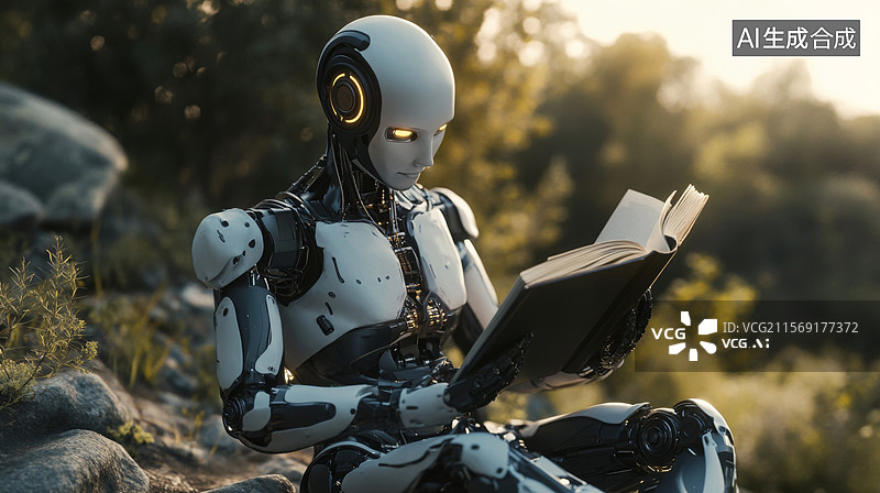 【AI数字艺术】看书阅读学习的人形机器人图片素材