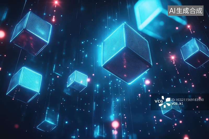 【AI数字艺术】蓝红交织的数字化立方体矩阵空间图片素材