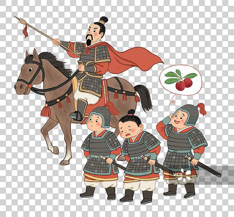 历史典故望梅止渴，古代曹操带领士兵找水，说远处有杨梅插画图片素材