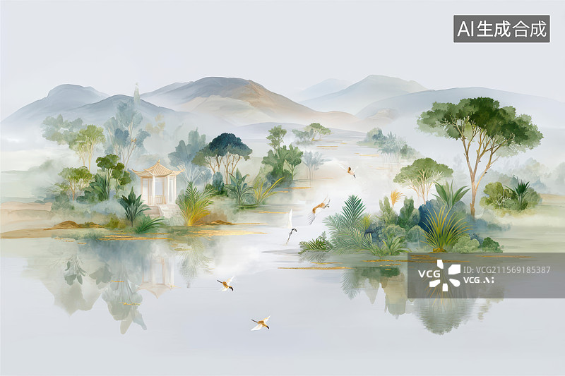 【AI数字艺术】水墨江南双景山水与生态和谐画卷图片素材