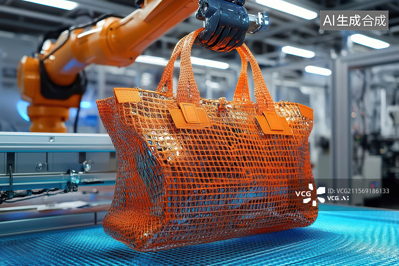 【AI数字艺术】工业机器人抓取橙色网兜包自动化场景图片素材