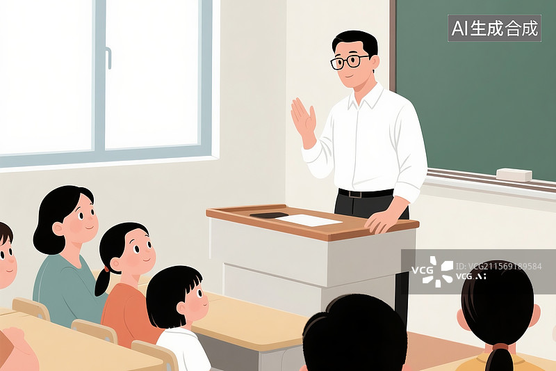 【AI数字艺术】家校共育的教室场景扁平插画图片素材