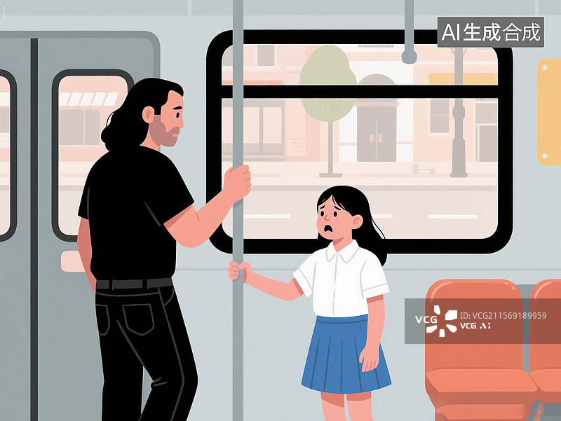 【AI数字艺术】公交车内陌生男子骚扰女学生的扁平插画图片素材