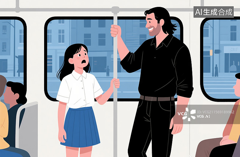 【AI数字艺术】公交车内陌生男子骚扰女学生的扁平插画图片素材