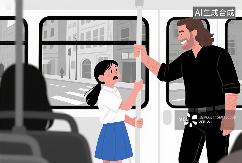 【AI数字艺术】公交车内陌生男子骚扰女学生的扁平插画图片素材