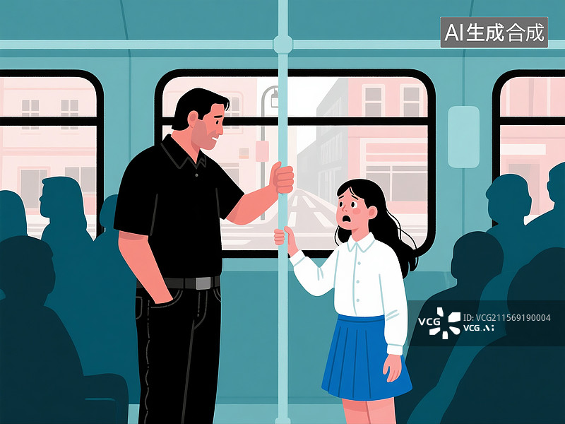 【AI数字艺术】公交车内陌生男子骚扰女学生的扁平插画图片素材