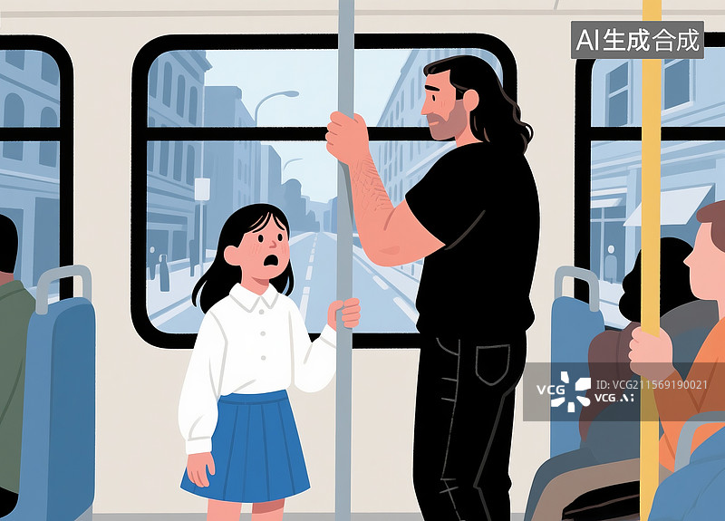 【AI数字艺术】公交车内陌生男子骚扰女学生的扁平插画图片素材