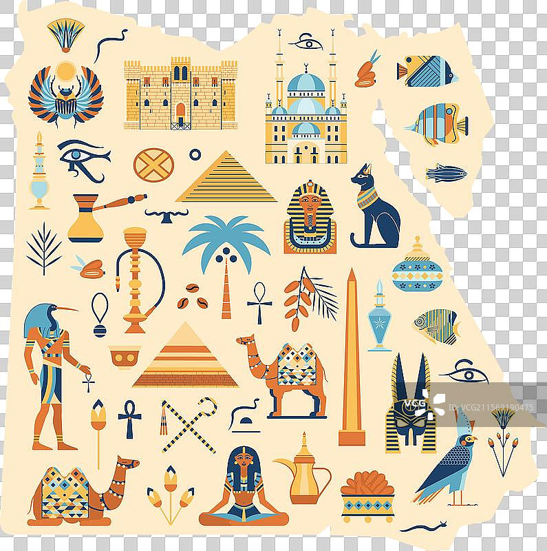 埃及地图上的埃及符号和地标图片素材