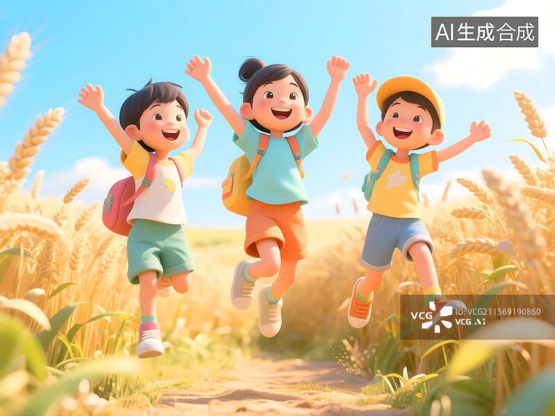 【AI数字艺术】3D三维C4D儿童节童年暑假孩子们在户外田园风光田野麦田玩耍图片素材