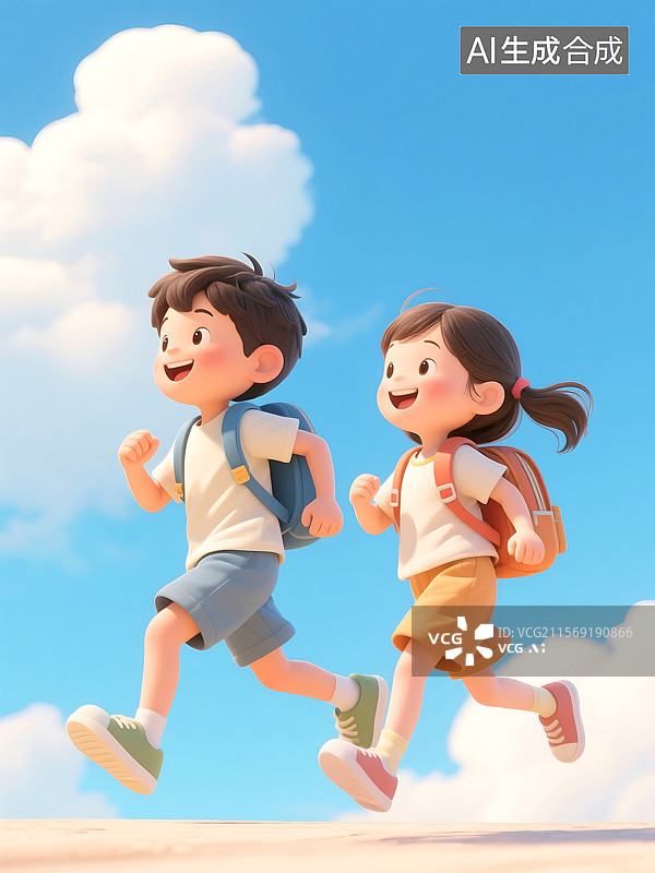 【AI数字艺术】3D三维C4D蓝天白云下男孩女孩孩子开心快乐奔跑上学暑假开学季图片素材