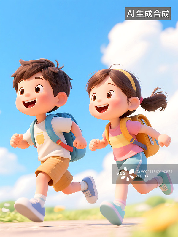 【AI数字艺术】3D三维C4D蓝天白云下男孩女孩孩子开心快乐奔跑上学暑假开学季图片素材