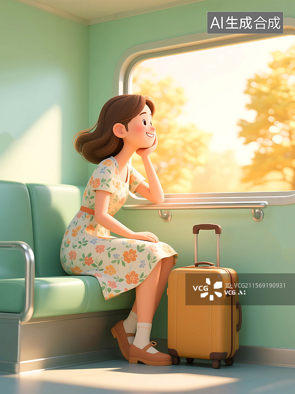 【AI数字艺术】3D三维C4D一个女人旅行坐火车在车厢内看向窗外的风景快乐幸福图片素材