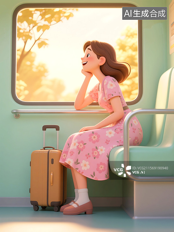 【AI数字艺术】3D三维C4D一个女人旅行坐火车在车厢内看向窗外的风景快乐幸福图片素材