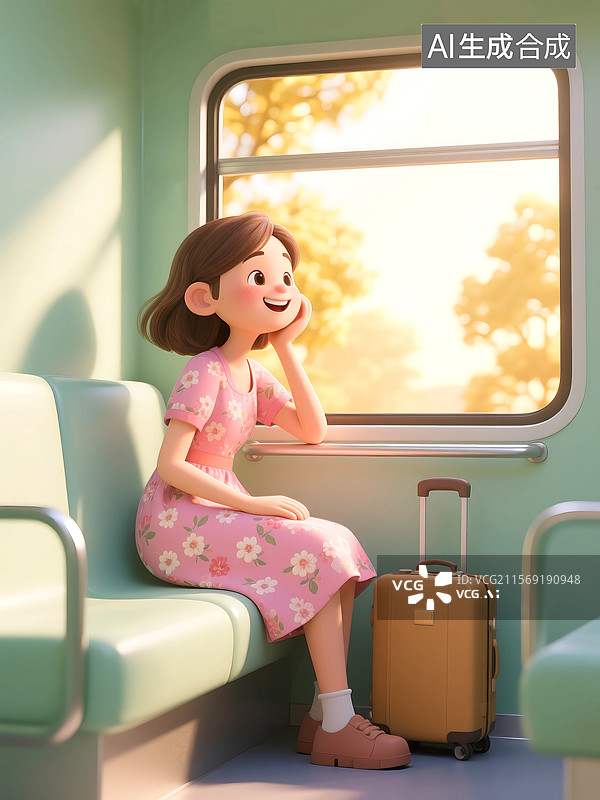 【AI数字艺术】3D三维C4D一个女人旅行坐火车在车厢内看向窗外的风景快乐幸福图片素材