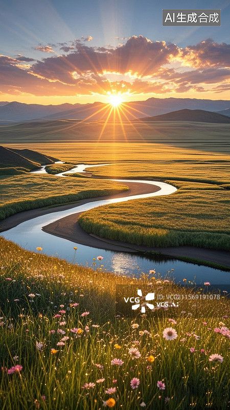【AI数字艺术】日落时分的蜿蜒河流与草地图片素材
