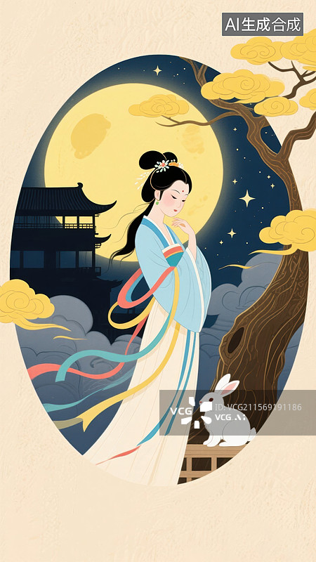 【AI数字艺术】古代女子与玉兔在月夜下的场景图片素材