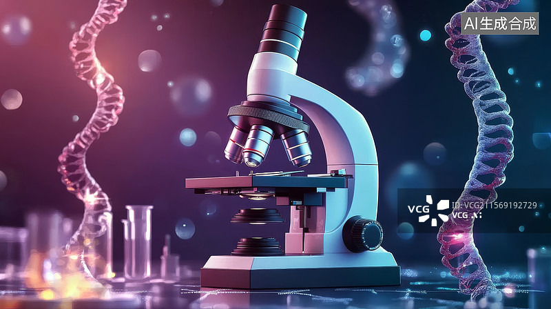 【AI数字艺术】显微镜与DNA螺旋的科学图像图片素材