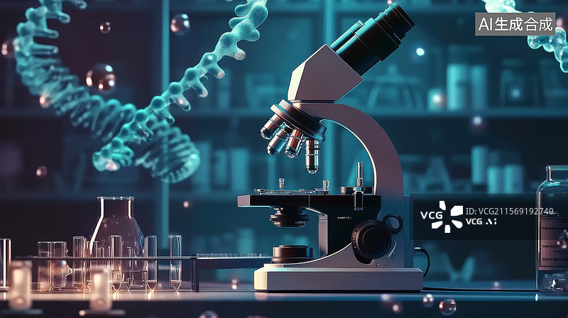 【AI数字艺术】显微镜与DNA模型的实验室场景图片素材