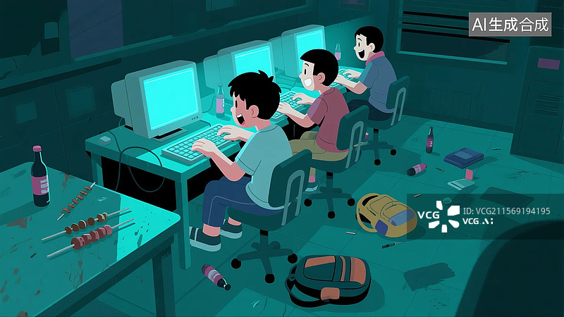 【AI数字艺术】网瘾少年在网吧图片素材