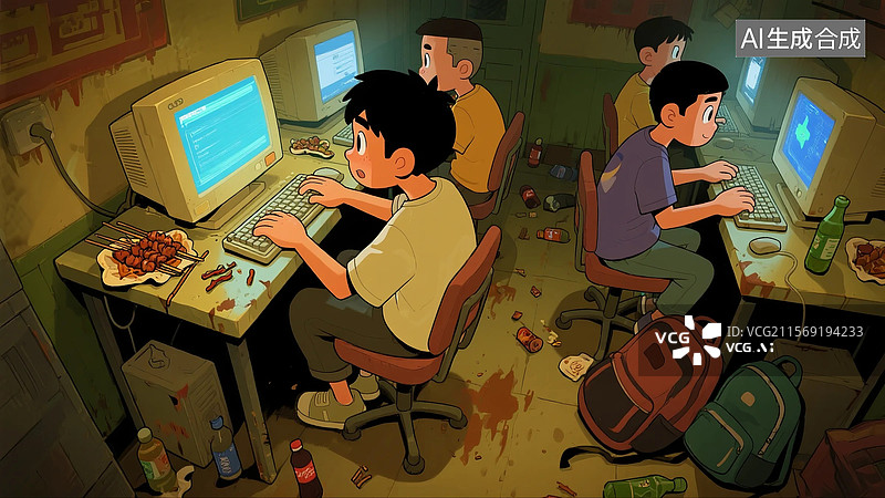 【AI数字艺术】网瘾少年在网吧图片素材