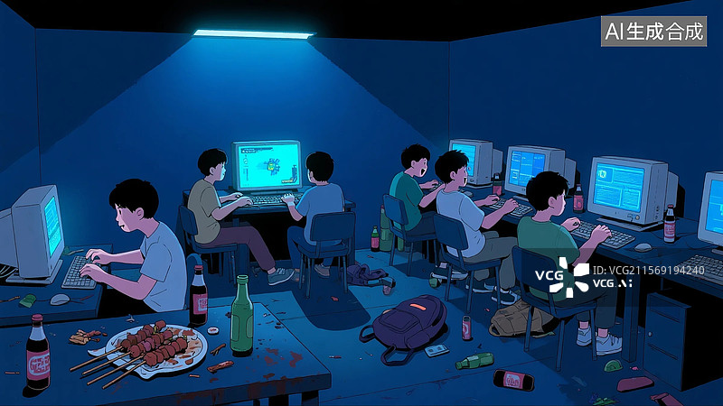 【AI数字艺术】网瘾少年在网吧图片素材