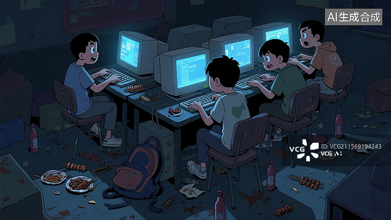 【AI数字艺术】网瘾少年在网吧图片素材