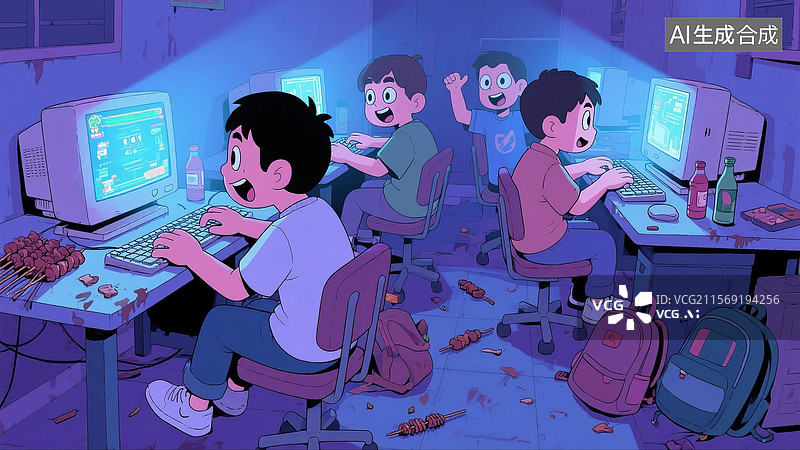 【AI数字艺术】网瘾少年在网吧图片素材