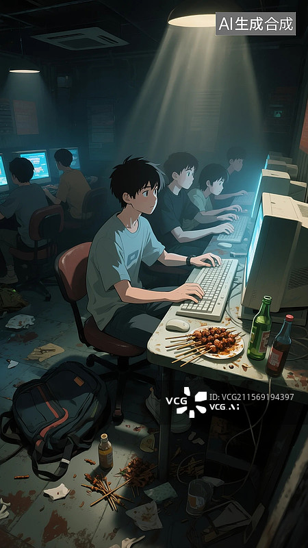 【AI数字艺术】网瘾少年在网吧图片素材