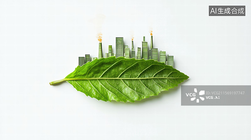 【AI数字艺术】一片绿色的叶子，叶子上雕刻出一个城市的轮廓。城市轮廓中包含了高楼大厦、工厂烟囱等元素，图片素材