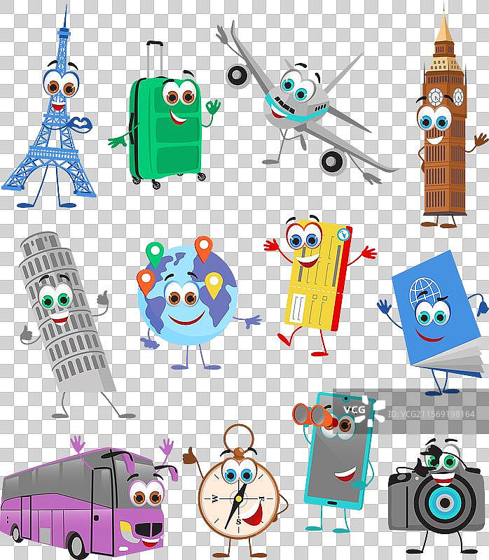 一组有趣的旅行物品在白色背景上图片素材