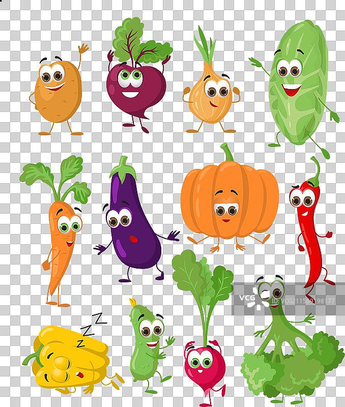 一组带眼睛的搞笑蔬菜在白色背景上图片素材